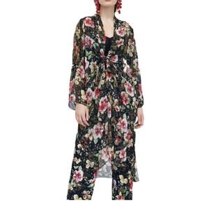 Zara Woman Floral Kimono Duster Black Sheer Size Medium M - XL Side Slits Drape